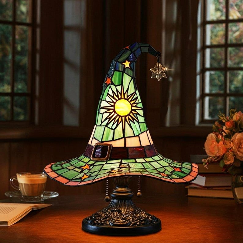 Heksenhoed Lamp met Warm LED-Licht Halloween Tafeldecoratie Sfeerlamp Gotisch Interieur Handgemaakt 35 cm | Sulvida