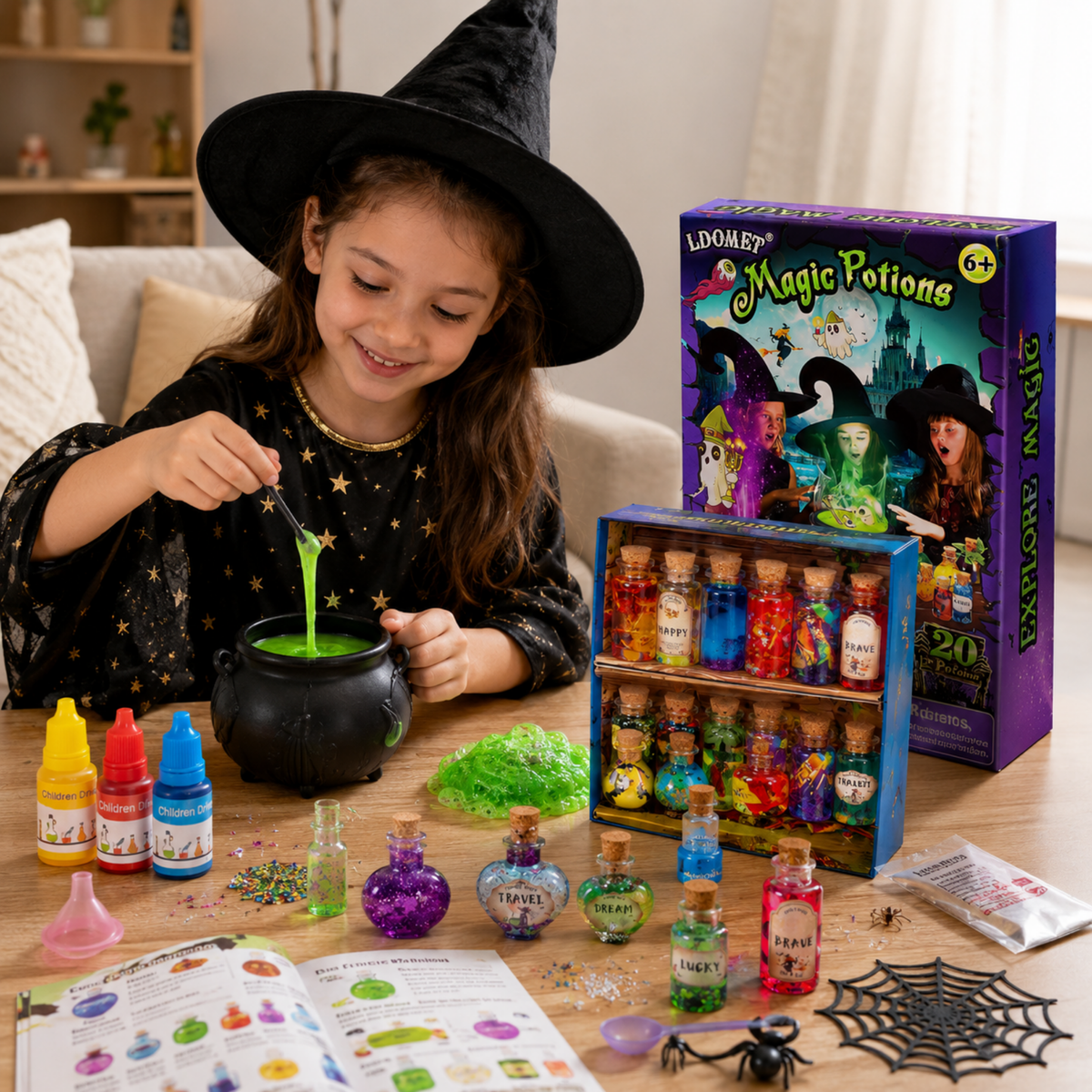 Toverdrank Knutselset Kleurverandering 20 Flesjes Kristallen Spreukenboek Fantasiespel Creatief Kind 6+ Jaar | Sulvida