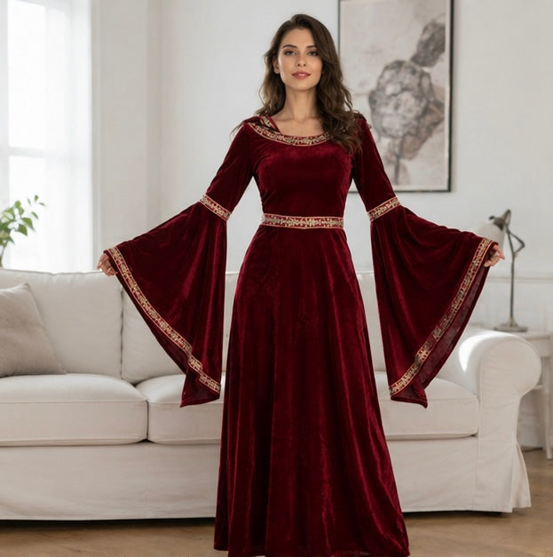 Gotische Fluwelen Vampierjurk met Capuchon Wijd Uitlopende Mouwen Middeleeuws Fantasy Kostuum Verkleedkleding | Sulvida