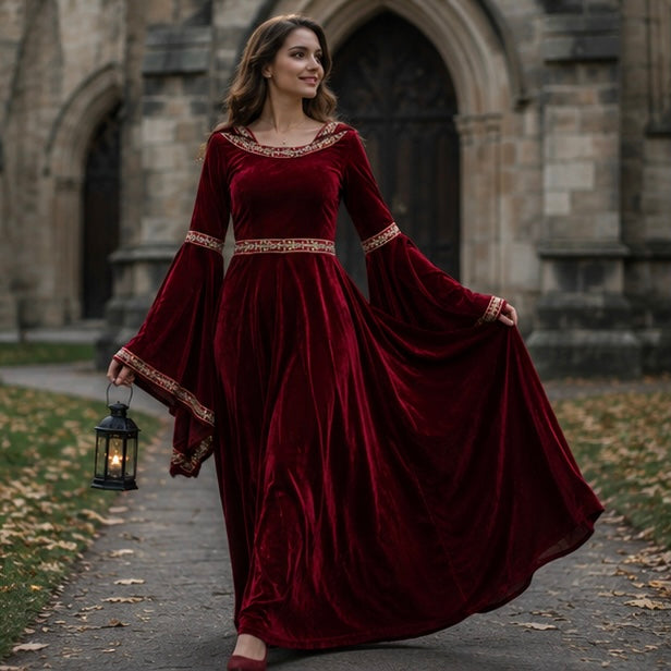 Gotische Fluwelen Vampierjurk met Capuchon Wijd Uitlopende Mouwen Middeleeuws Fantasy Kostuum Verkleedkleding | Sulvida