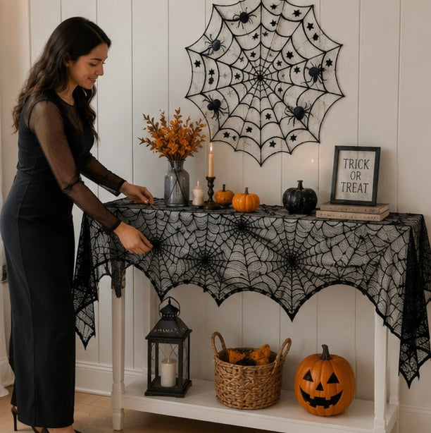 Gothic Spinnenweb Tafelkleed Zwart Kant 45x185cm - Halloween Schoorsteenmantel Tafelloper Decoratie Feest | Sulvida