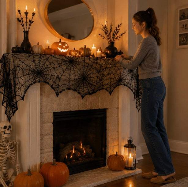 Gothic Spinnenweb Tafelkleed Zwart Kant 45x185cm - Halloween Schoorsteenmantel Tafelloper Decoratie Feest | Sulvida