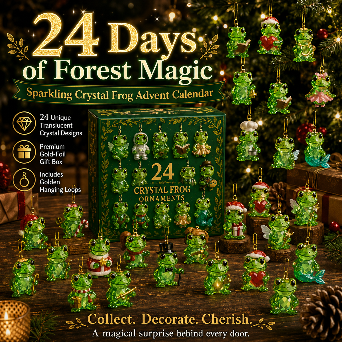 Adventskalender Kikker met 24 Kristallen Ornamenten – Luxe Cadeaubox Kerst Wooninterieur Decoratie Cadeau | Sulvida