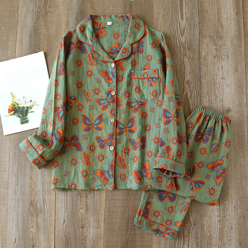 Vintage Vlindermotief Katoenen Loungewear Pyjama Set met Lange Mouwen voor Comfortabele Ontspanning Dames Thuiskleding Nachtkleding Huispak | Sulvida
