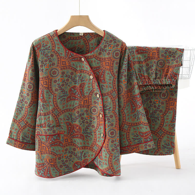 Vintage Jacquard Loungewear Set met Ronde Hals en Knopen – Zachte Katoenen Thuiskleding voor Dames en Heren, Comfortabele Pyjama voor Binnen | Sulvida