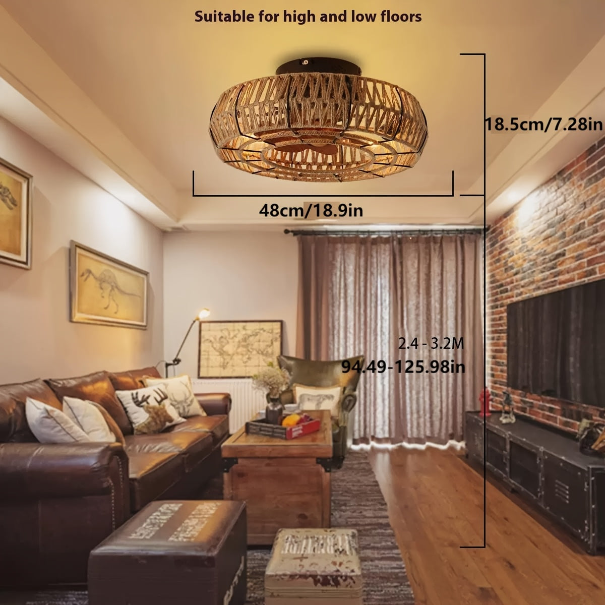 Natuurlijke Rotan Plafondventilator 48 cm Zen Stijl Sfeervolle Ventilator met LED Verlichting E27 Woonkamer | Sulvida