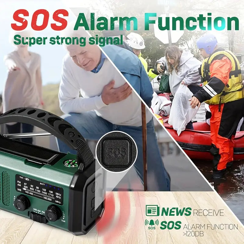 Noodradio 10.000mAh Handmatig Zonne Dynamo Weerradio LED Zaklamp SOS Alarm Powerbank Telefoonoplader | Sulvida