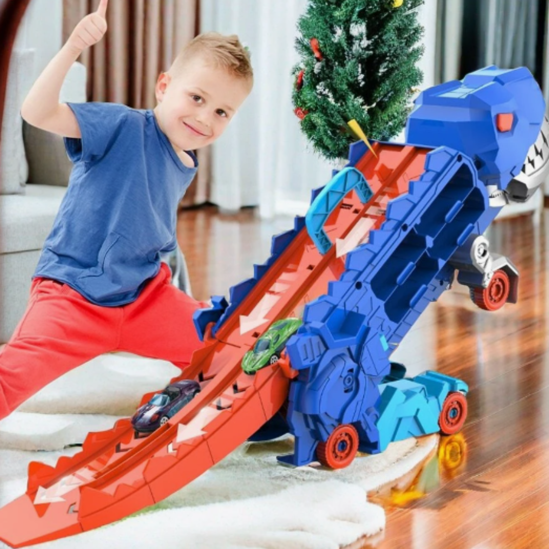 Dino Speelgoedtruck Transporter met Miniaturautos Dubbelbaansracebaan Opslag Draagbaar Speelset Kinderen | Sulvida