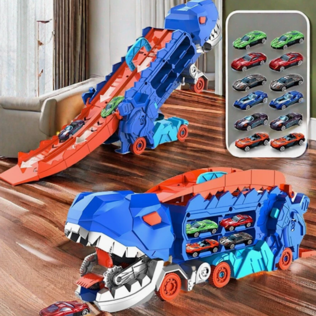 Dino Speelgoedtruck Transporter met Miniaturautos Dubbelbaansracebaan Opslag Draagbaar Speelset Kinderen | Sulvida