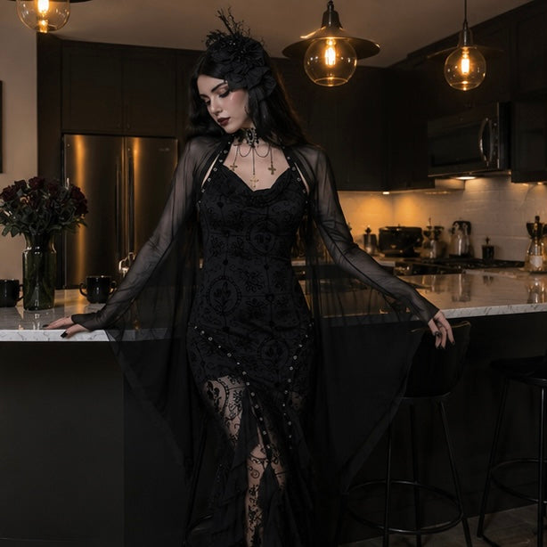 Doorschijnende Crop Top Mesh Heksenblouse met Vleermuismouwen Gothic Feesttop Zwart Party Fashion Dames | Sulvida