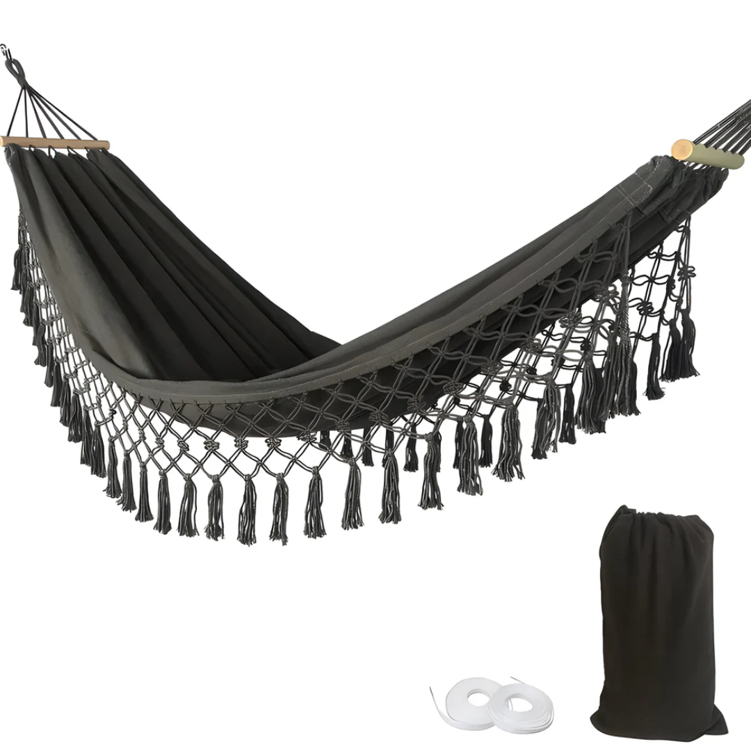 Hamac bohème en coton, réglable et stable, avec barres en bois, jusqu’à 200 kg, pour l’extérieur, idéal pour se détendre au jardin en été | Sulvida