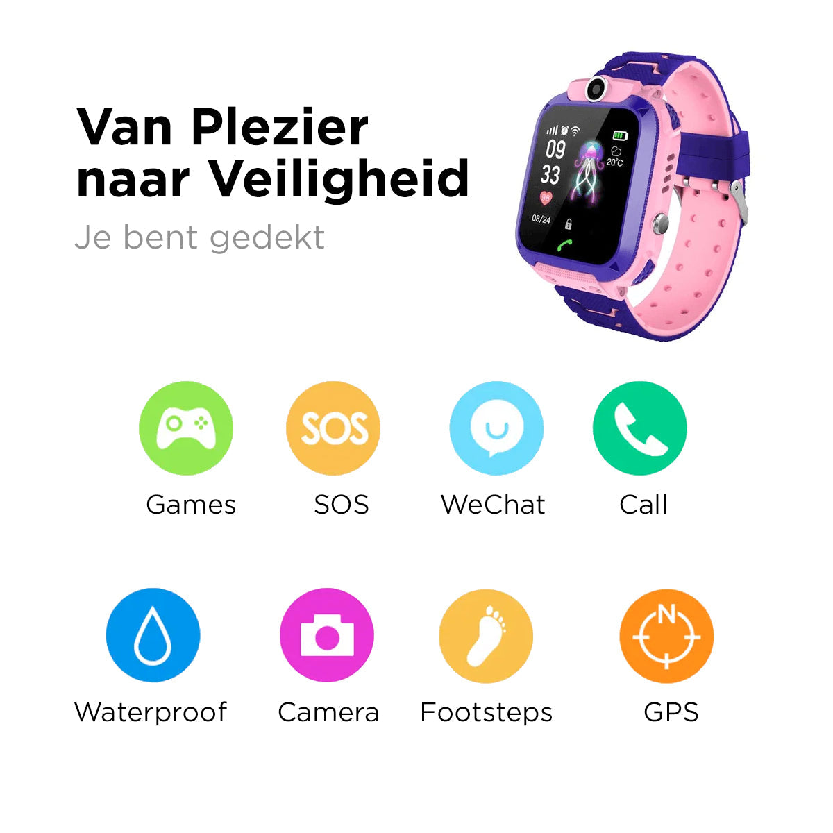 Kinder Smartwatch GPS-Tracker Waterdicht Touchscreen Spelletjes Schoolmodus Noodknop Telefoneren Roze Blauw | Sulvida