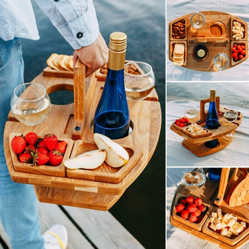 Opvouwbare Picknicktafel Eikenhout – Draagbare Wijnhouder met Vakken voor Strand Tuin Picknick Camping | Sulvida