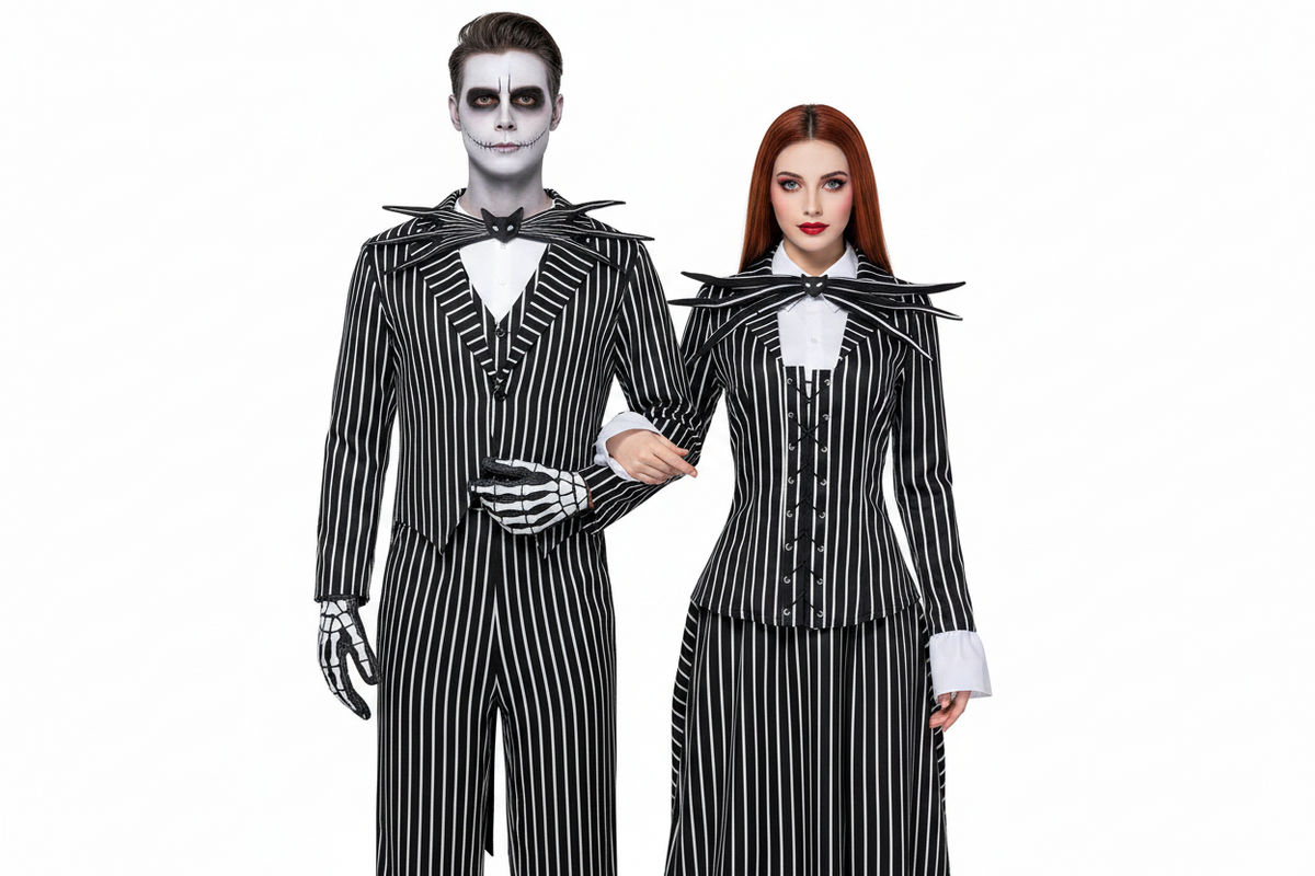 Skelet Cosplay Kostuum met Gestreept Pak en Masker voor Halloween Themafeesten en Carnaval Volwassenen | Sulvida