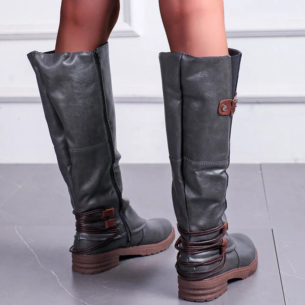 Leren Ritslaarzen voor Dames Vintage Comfortabel Halfhoog Winterschoenen met Warme Voering en Platte Zool | Sulvida