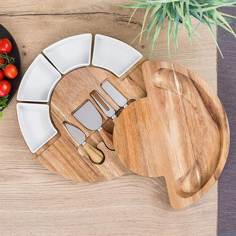 Serveerplank Rond Acaciahout 33cm met Kommen Messen Kaasplank Tapasschaal Hapjesplank Borrelplank Snijplank | Sulvida