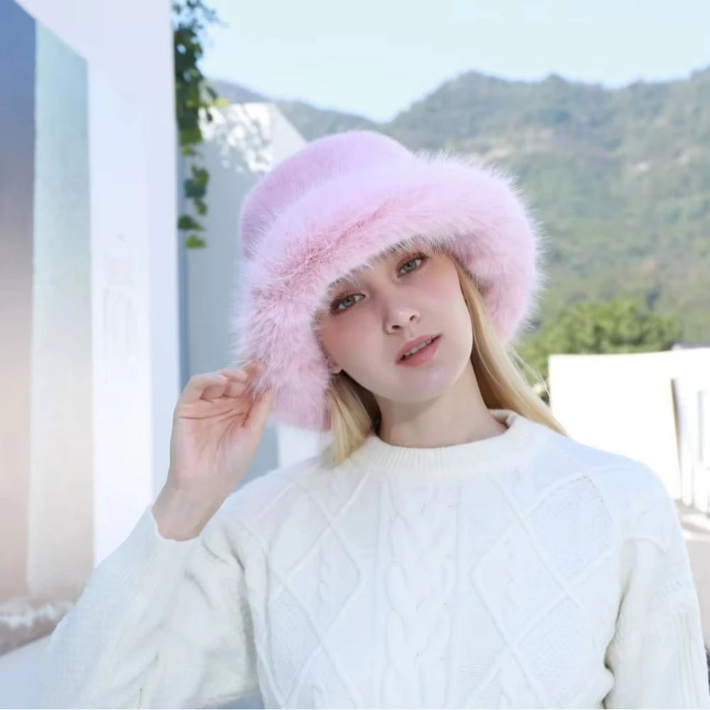Pluche Winter Bucket Hat Dames Nepleer Hoed Warm Teddy Bontkleur Zwart Wit Roze Bruin Beige Herfst Winter | Sulvida