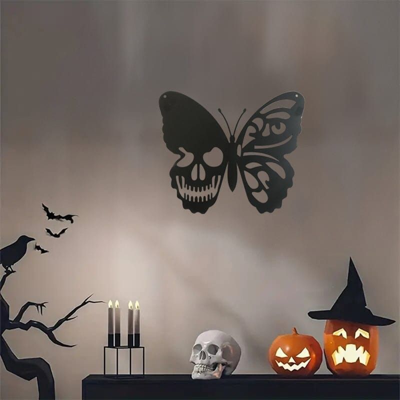 Metalen Vlinder Schedel Wanddecoratie Gothic Design Kunstwerk Interieur Woonkamer Kantoor Zwart Muurdecoratie | Sulvida