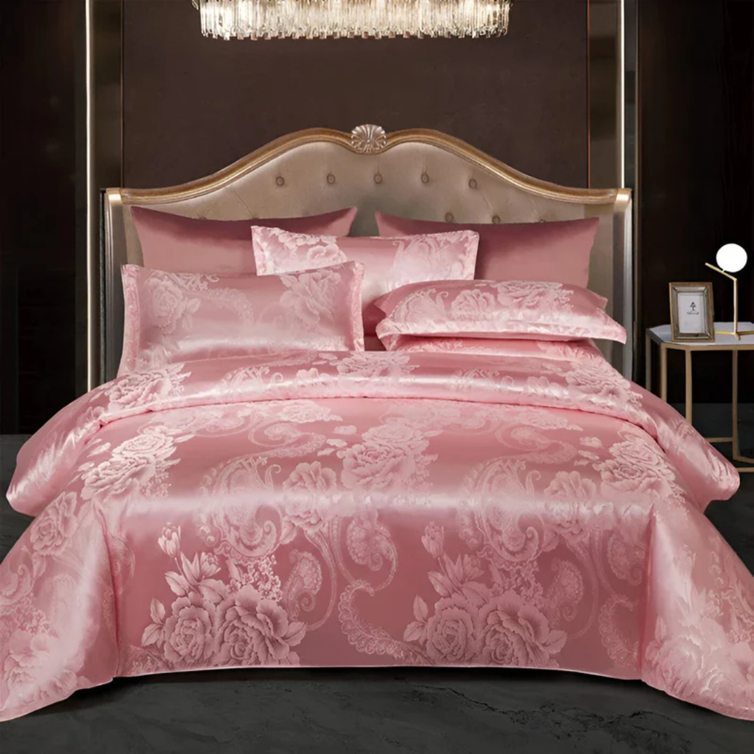 Satijnen Dekbedovertrek met Jacquard Bloemenpatroon 4-Seizoenen Zacht Ademend Beddengoed Luxe Slaapkamer | Sulvida