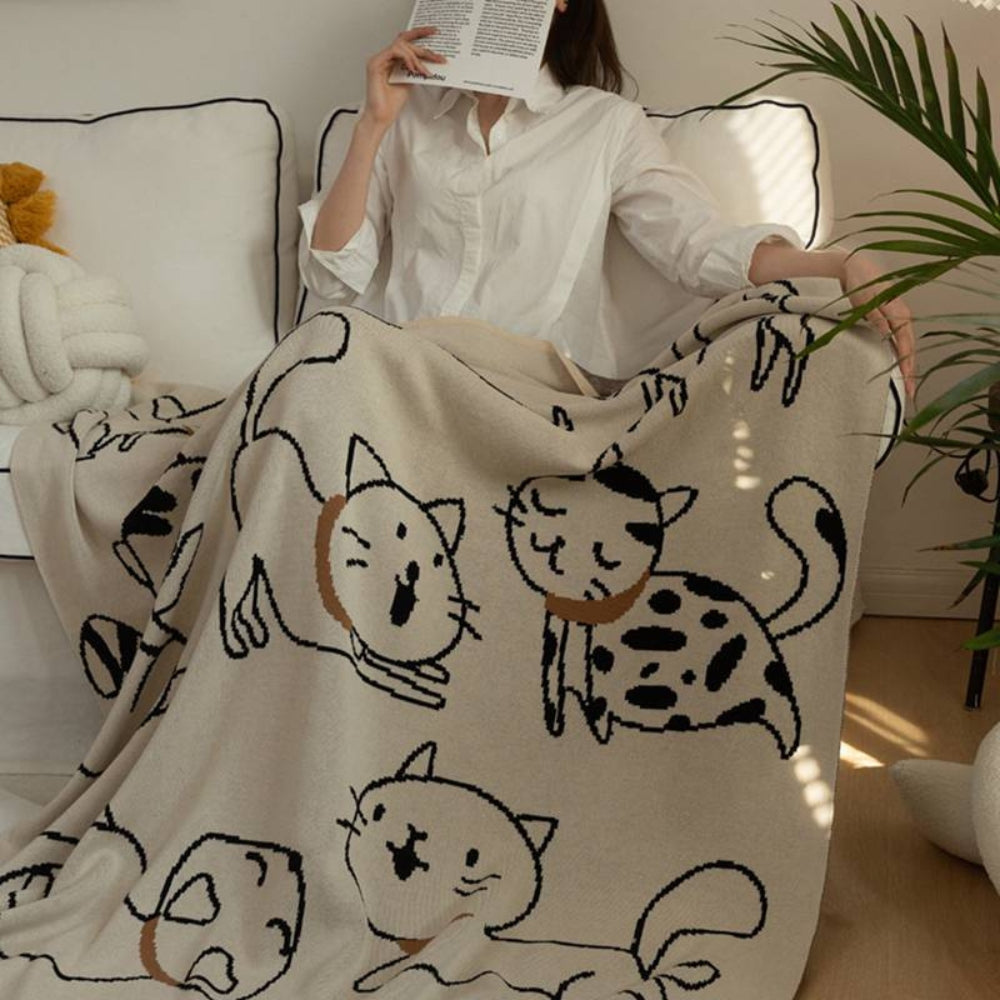 Katoenen Deken met Jacquard Kattenpatroon 130x170cm Zacht Ademend Pluisvrij Woonplaid Bankdeken Decoratief | Sulvida