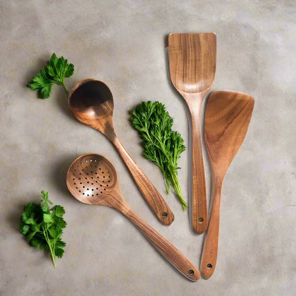 Set de cuillères de cuisine en teck antibactériennes - Set de spatules en bois durable résistant à la chaleur, ustensiles de cuisine pour cuisiner et pâtisser | Sulvida
