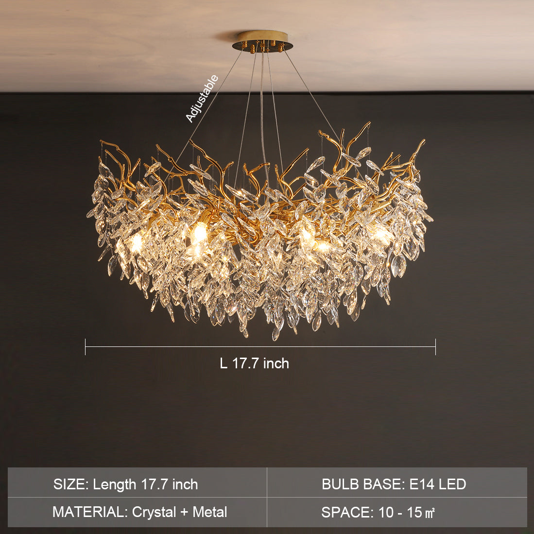 Kristallen kroonluchter met takkendesign – aluminium armatuur – LED G9 lampen – 6 tot 14 lichtpunten woonkamer | Sulvida