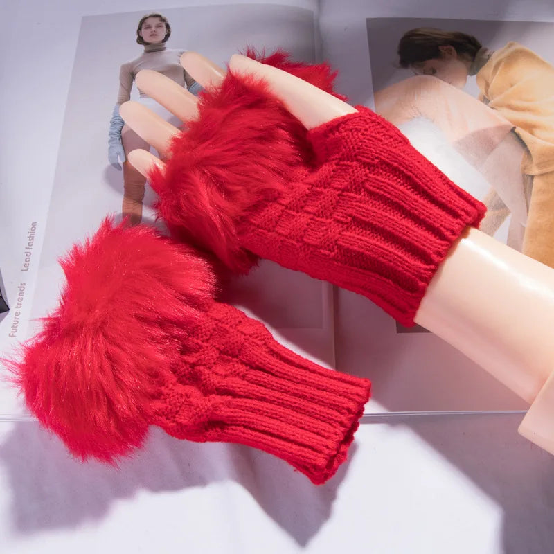Vingerloze Handschoenen Dames Faux Fur Winter Pluche Wanten Gebreide Warme Touchscreen Winterhandschoenen | Sulvida