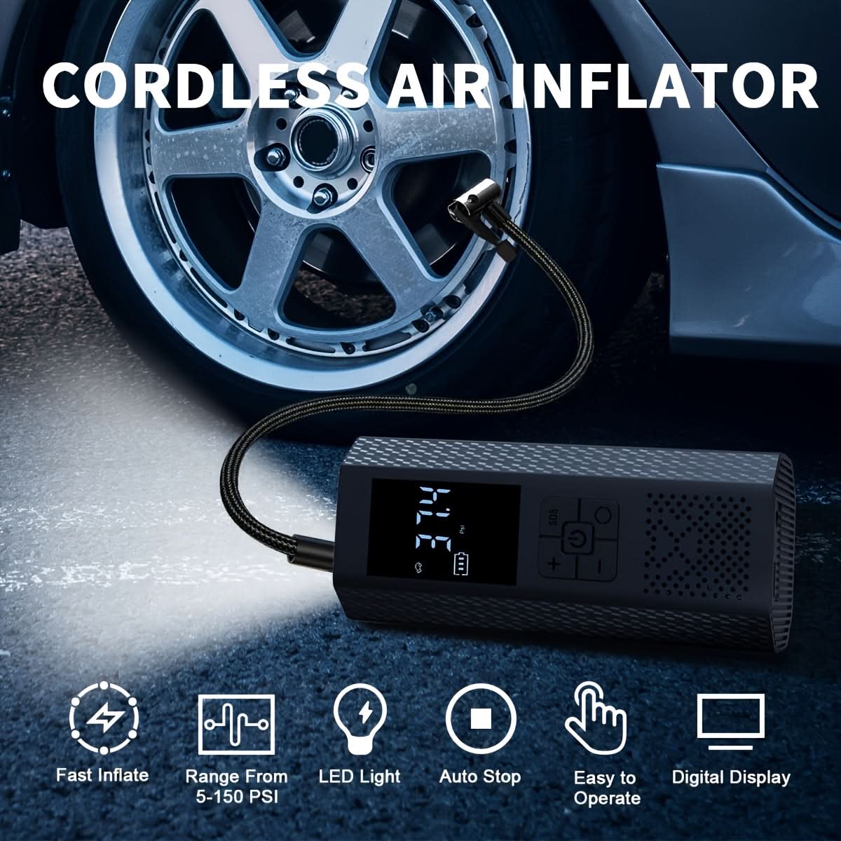 Draadloze Compacte Bandenpomp 150 PSI voor Auto Motor Fiets Elektrische Luchtcompressor Draagbaar Snel | Sulvida
