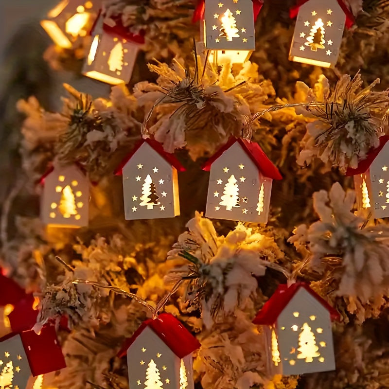 Houten Huisjes Lichtslinger Kerst met Warm LED Licht Sfeerverlichting Winterdecoratie Snoer 200 cm Kerstdecoratie | Sulvida