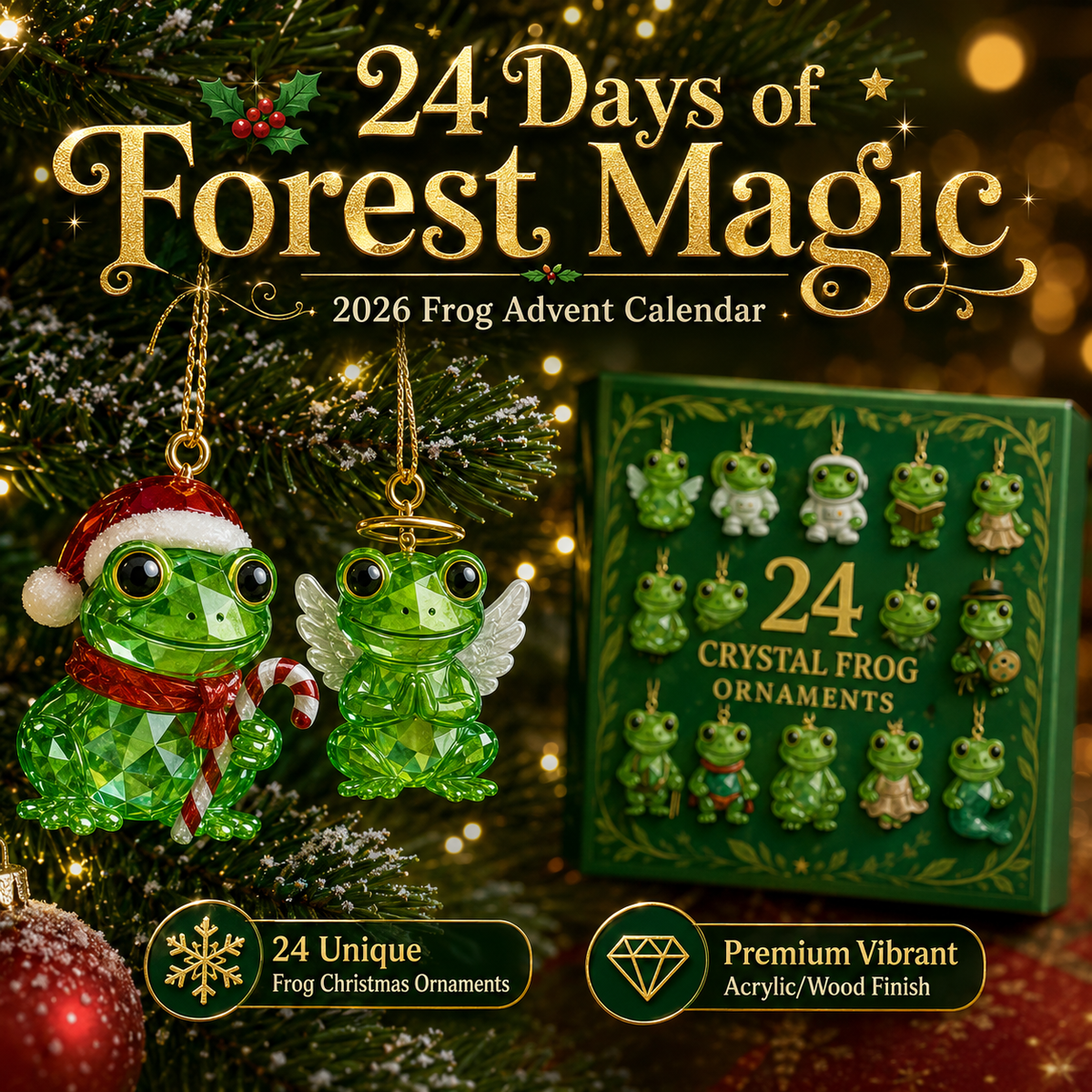 Adventskalender Kikker met 24 Kristallen Ornamenten – Luxe Cadeaubox Kerst Wooninterieur Decoratie Cadeau | Sulvida