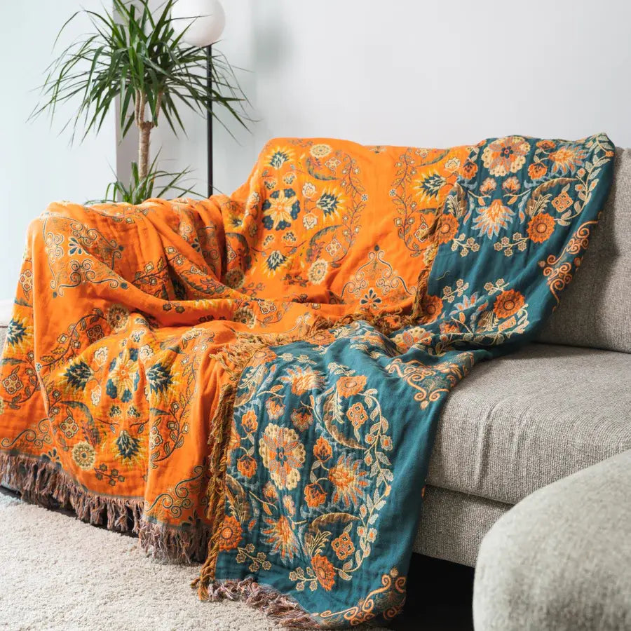 Vintage Plaid met Bloemdessin – Luxe Geweven Deken voor Bank en Bed – Franjedeken – Boho Stijl Woondecoratie en Warmte | Sulvida