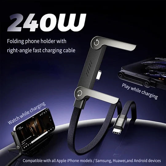 Câble de recharge USB-C 240W avec support de téléphone intégré, 1,5 mètre, charge rapide en nylon pour ordinateur portable et tablette | Sulvida