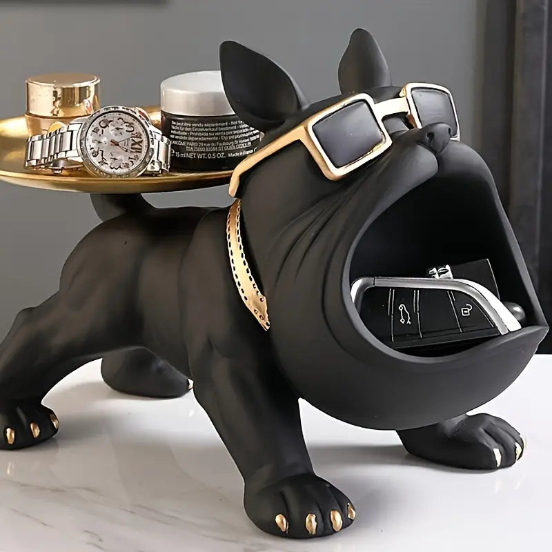Bulldog Opbergbeeld Zwart Hars 30cm – Decoratieve Organizer Woonkamer Bureau Sculptuur Huisdier Cadeau | Sulvida