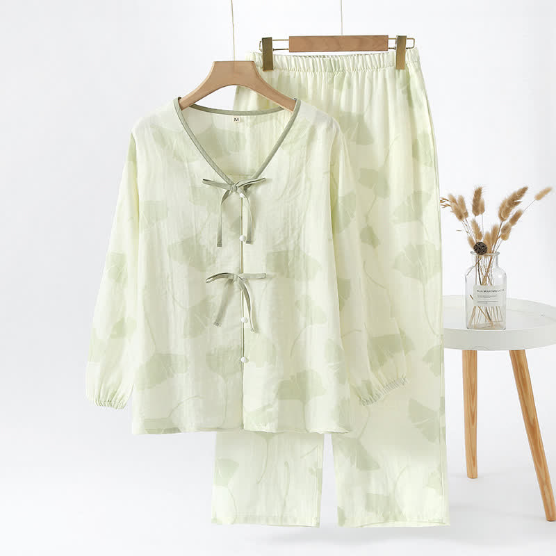 Loungewear-set van katoen met ginkgo-bladmotief en strikdetail – comfortabele tweelaagse gazen pyjamaset met zakken voor dames, ideaal voor lente, zomer en herfst | Sulvida