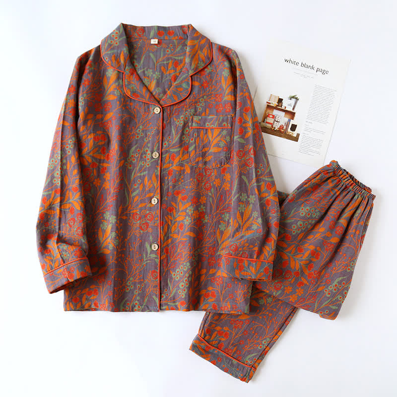 Vintage Loungewear Set met Blaaddessin - Katoenen Pyjama met Klassiek Jacquardpatroon voor Dames en Heren - Comfortabele Homewear | Sulvida