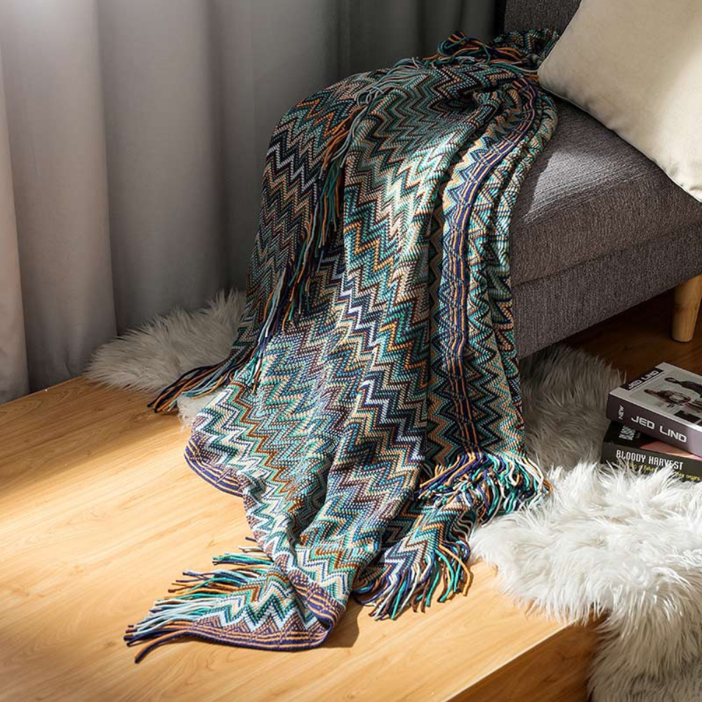 Gebreide plaid met zigzag patroon en franje meerkleurig zacht acryl voor bank bed en decoratie woonkamer | Sulvida