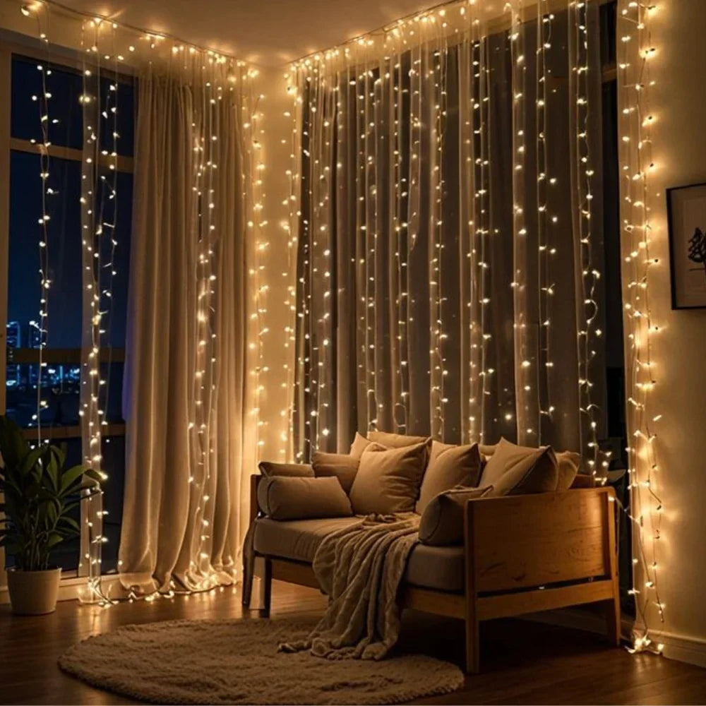 LED Lichtgordijn Warm Wit 300 LEDs 3x3 meter met 8 verlichtingsmodi voor binnen en buiten sfeerverlichting tuin balkon terras kerstdecoratie feestverlichting waterbestendig USB-voeding | Sulvida