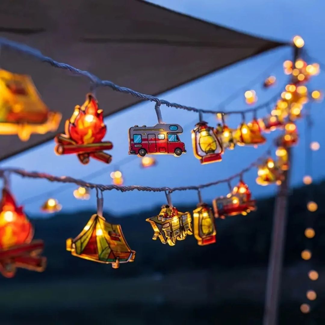 Campinglichtslinger met Tentmotieven Warm Wit LED op Batterijen 1,5m 3m 6m Sfeerlicht Outdoor Decoratie | Sulvida