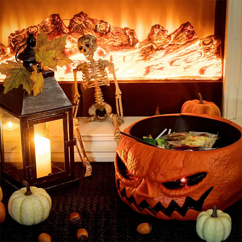 Geanimeerde Snoepschaal Pompoen met Bewegende Skelethand LED Ogen Halloween Decoratie Feest Griezelig | Sulvida