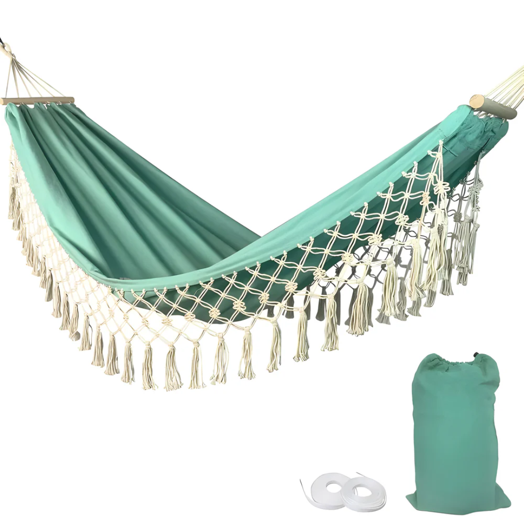 Hamac bohème en coton, réglable et stable, avec barres en bois, jusqu’à 200 kg, pour l’extérieur, idéal pour se détendre au jardin en été | Sulvida
