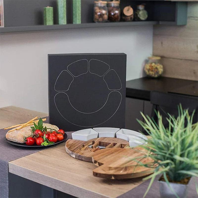 Serveerplank Rond Acaciahout 33cm met Kommen Messen Kaasplank Tapasschaal Hapjesplank Borrelplank Snijplank | Sulvida