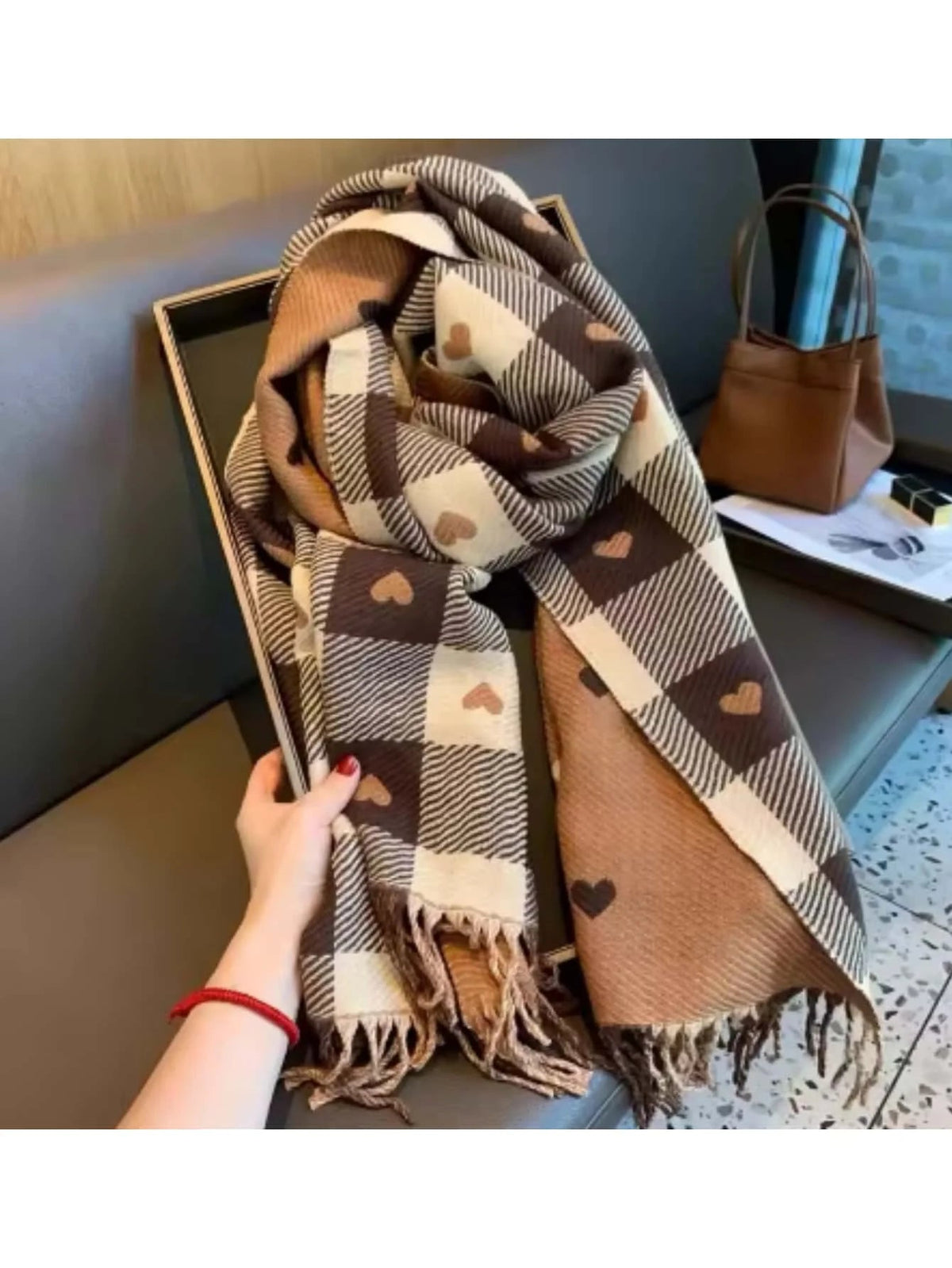 Geruit Wintersjaal Roze Bruin Blauw Hart Checkered Patroon Shawl Omslagdoek Dames Mode Accessoire Warm | Sulvida