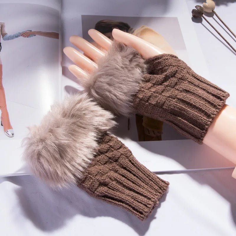 Vingerloze Handschoenen Dames Faux Fur Winter Pluche Wanten Gebreide Warme Touchscreen Winterhandschoenen | Sulvida
