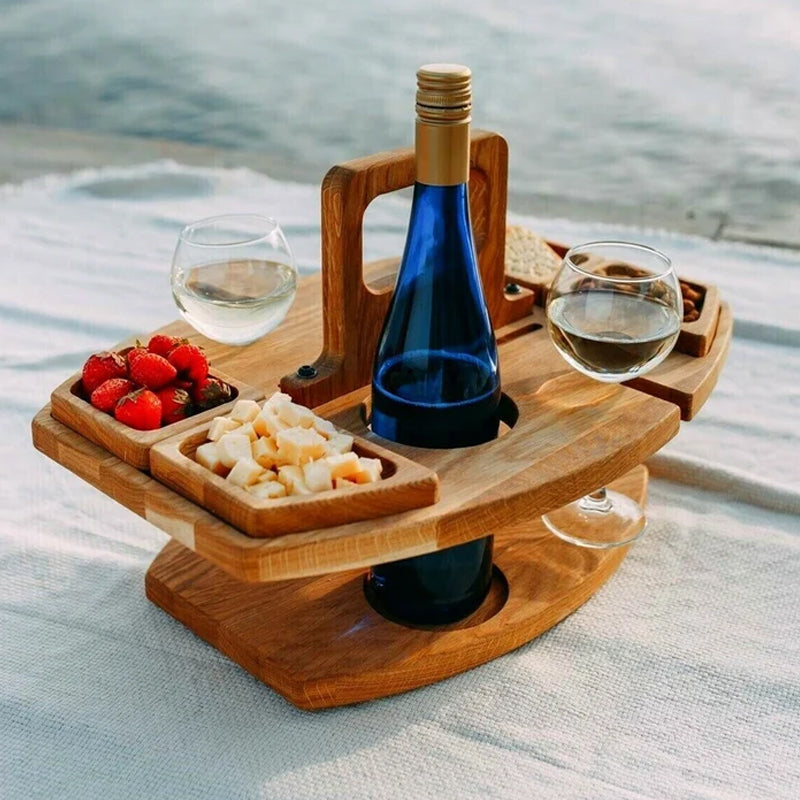 Opvouwbare Picknicktafel Eikenhout – Draagbare Wijnhouder met Vakken voor Strand Tuin Picknick Camping | Sulvida