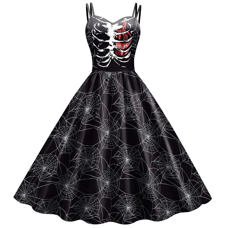 Gothic jurk met skeletten en rozen print zwart rood A-lijn feestjurk vintage stijl dames knie lang retro | Sulvida