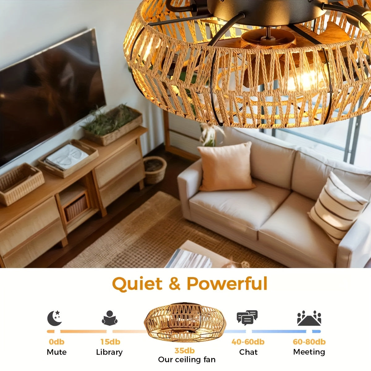 Natuurlijke Rotan Plafondventilator 48 cm Zen Stijl Sfeervolle Ventilator met LED Verlichting E27 Woonkamer | Sulvida