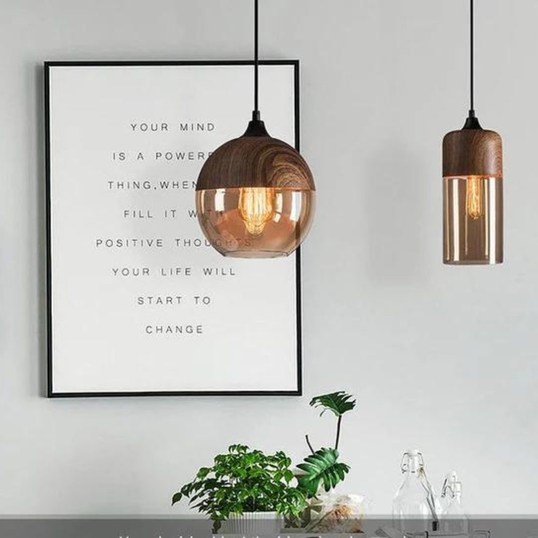 Scandinavische Hanglamp met Glazen Kap en Houtlook Armatuur – Dimbare Verlichting voor Eetkamer Woonkamer Slaapkamer – Verstelbare Hoogte en Warme Lichtverspreiding – Tijdloos Design | Sulvida