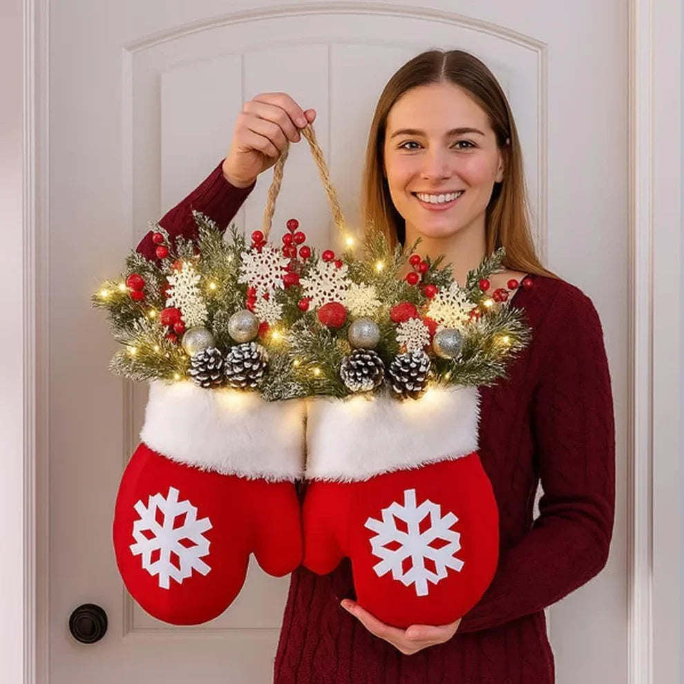 Pluche Winterhandschoenen Deurbehang met LED-Verlichting Rood Kerstdecoratie 30x30 cm Sneeuwvlokken Deur | Sulvida