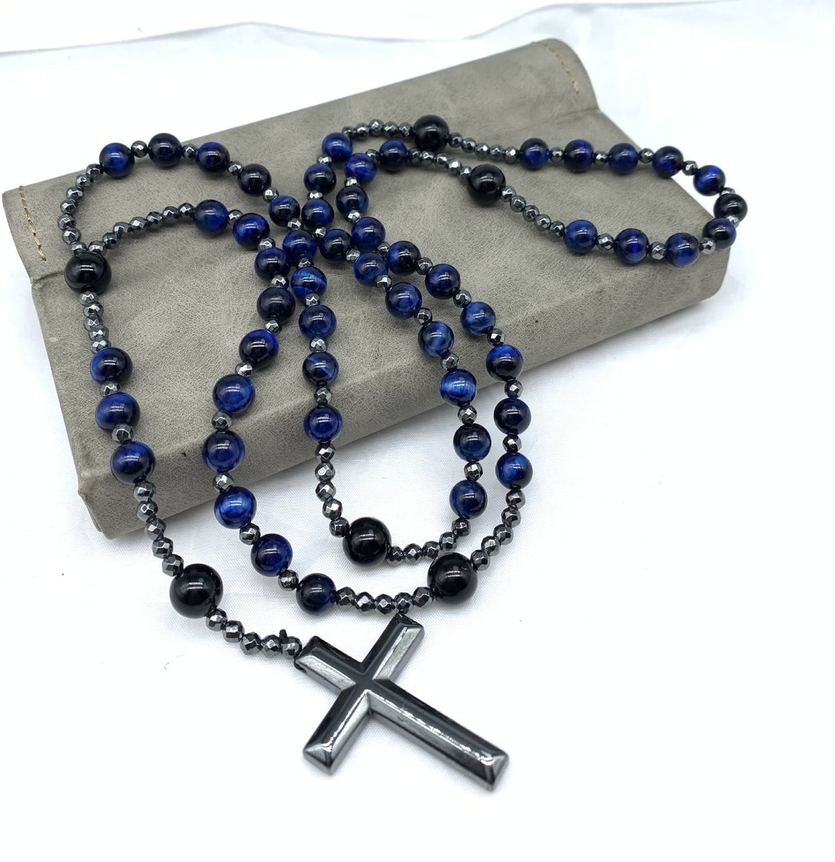 Collier chapelet pour homme en pierres naturelles, œil-de-tigre, lapis-lazuli, croix, perles, réglable, spirituel, bijou de prière | Sulvida