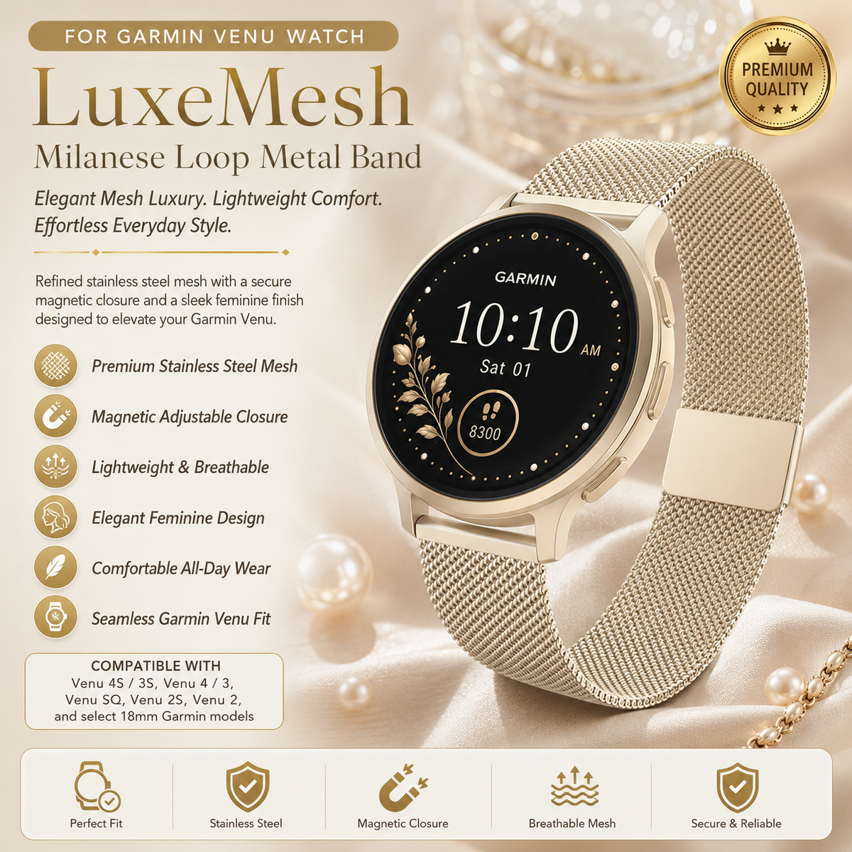Bracelet en maille milanaise métallique pour montre connectée Garmin Venu, bracelet de remplacement en acier, accessoire | Sulvida